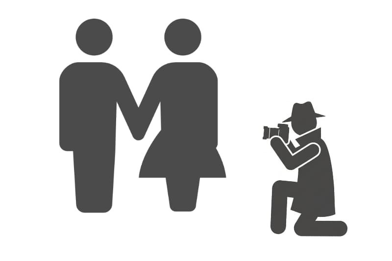 男女の二人組を調査員が撮影しているアイコンで、夫の浮気調査・妻の浮気調査・浮気相手調査に対応し、浮気や不倫の事実確認から問題解決につながる証拠収集まで行う探偵サービスを象徴する画像。