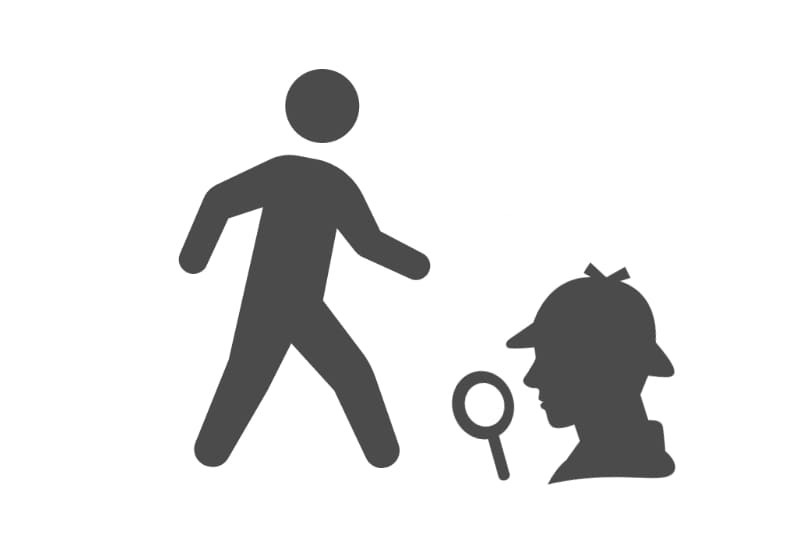 歩く人物に対して調査員が捜索の象徴として向き合うシルエットアイコンで、家出人調査・行方不明者調査・所在確認調査・音信不通者調査など、人探しや行方調査において所在確認をサポートする探偵サービスを表現した画像。