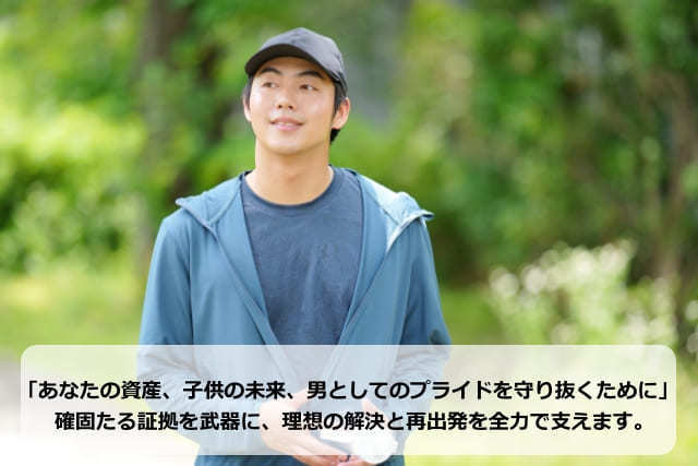 名古屋で妻の浮気に悩むご主人が、解決へ向けて前を向くイメージ。子供の親権確保や資産を守る離婚、不倫相手への慰謝料請求など、男としてのプライドを取り戻す選択を支える名古屋探偵事務所の案内画像